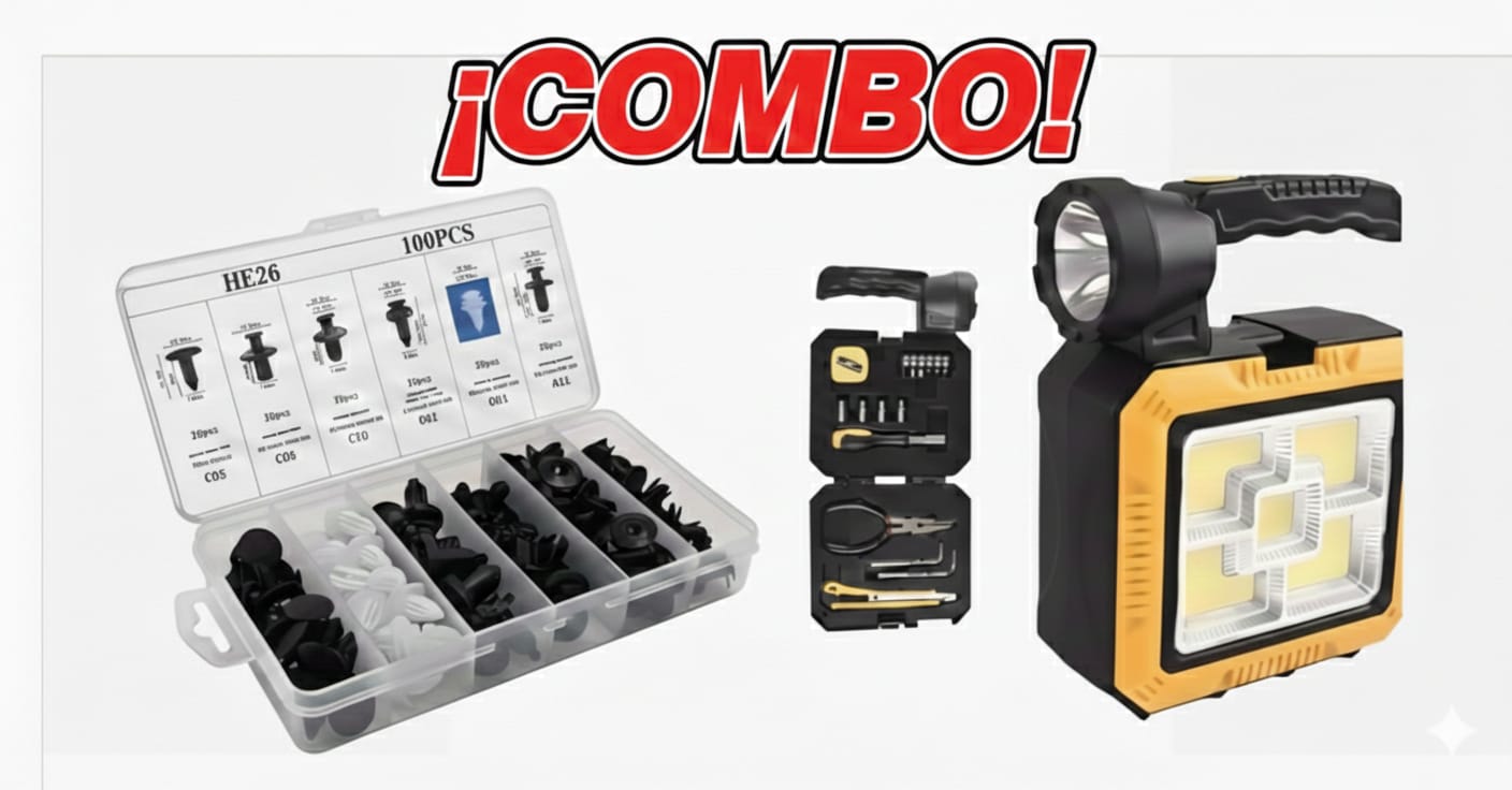 OFERTA ESPECIAL !! COMBO 2x1 LINTERNA CON SET DE HERRAMIENTAS Y CLIPS DE PLASTICOS PARA AUTOS